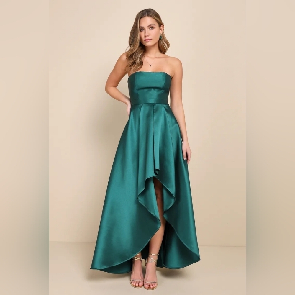 Lulus Broadway Show Emerald Green Strapless High-Low Maxi Dress S Wedding Party - Picture 2 of 9